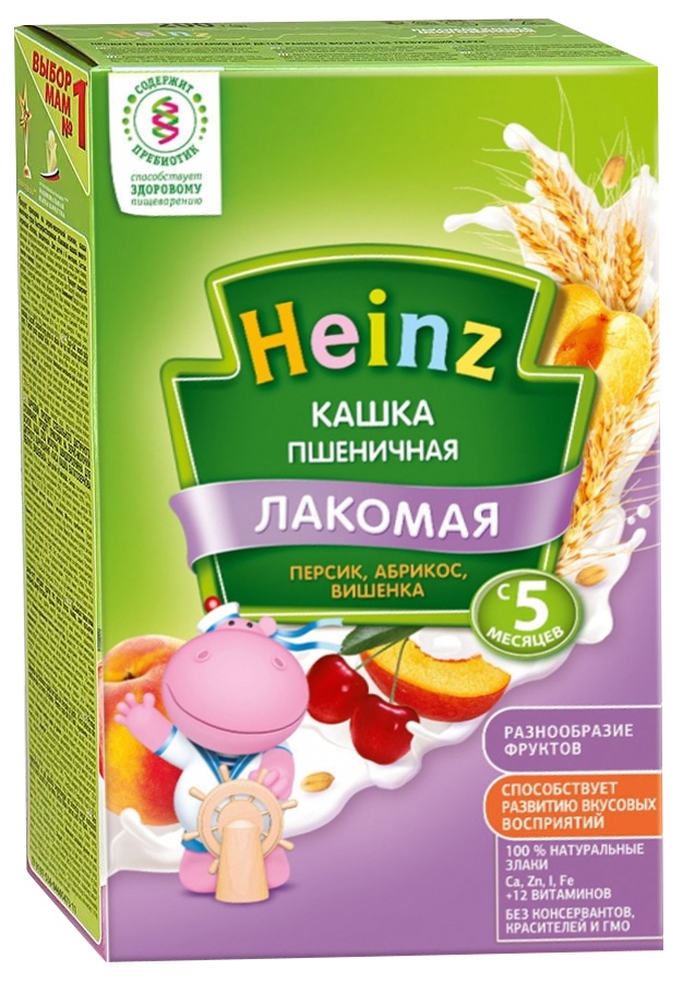 Хайнц(Heinz) каша молоч Лакомая пшеничная/абрик/персик/вишня 5мес 200г пауч