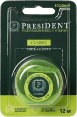 Президент(PRESIDENT Classic) межзубный флосс мята, фтор, вощёный 12м арт.202
